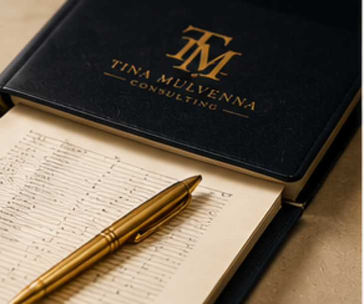 Tina Mulvenna Consulting navy leather book, cream clinical documentation, and a gold pen
