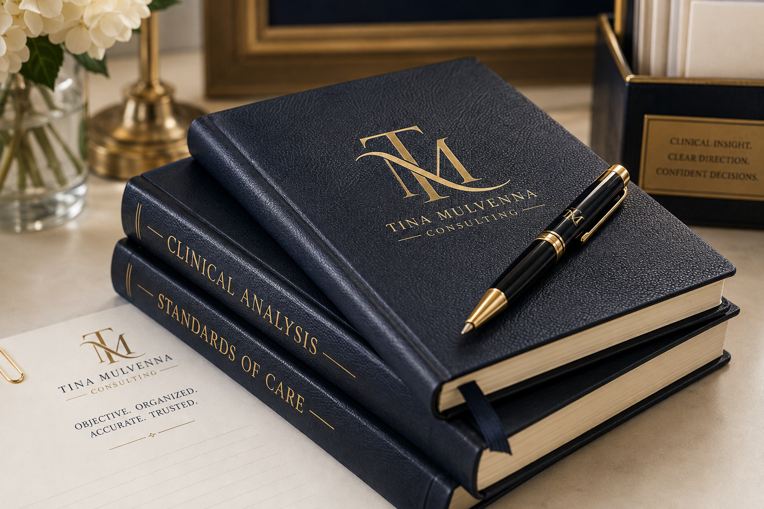 Branded Tina Mulvenna Consulting navy leather books with gold TM monogram and elegant navy-and-gold pen