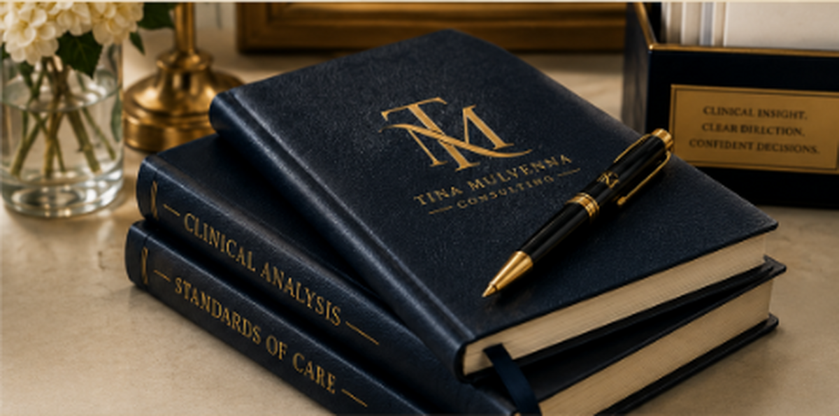 Navy Tina Mulvenna Consulting folio with approved gold TM branding and a gold-accented pen